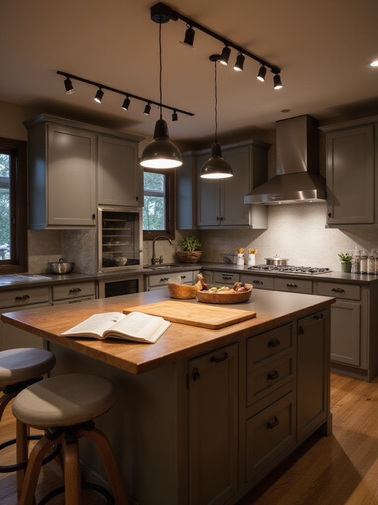 Modern kitchen island illuminated by adjustable track lighting