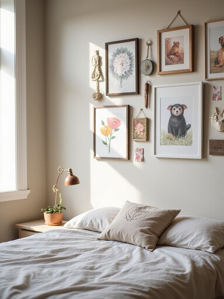 Cozy bedroom wall adorned with whimsical art prints and illustrations