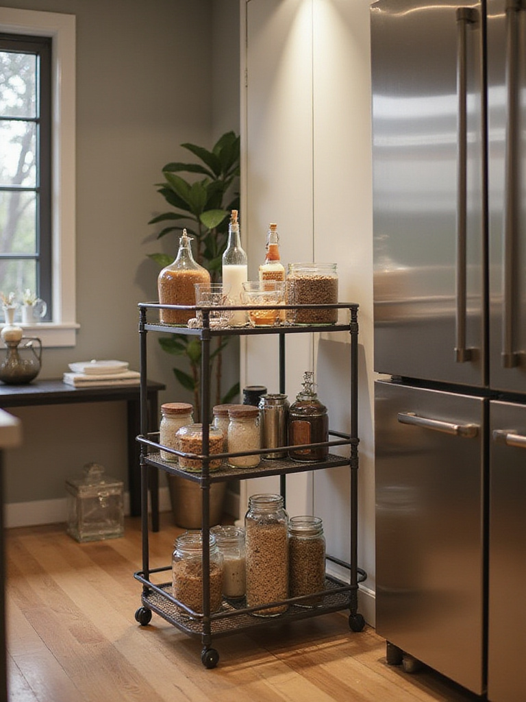 Slim rolling cart filled with kitchen essentials in a narrow kitchen space