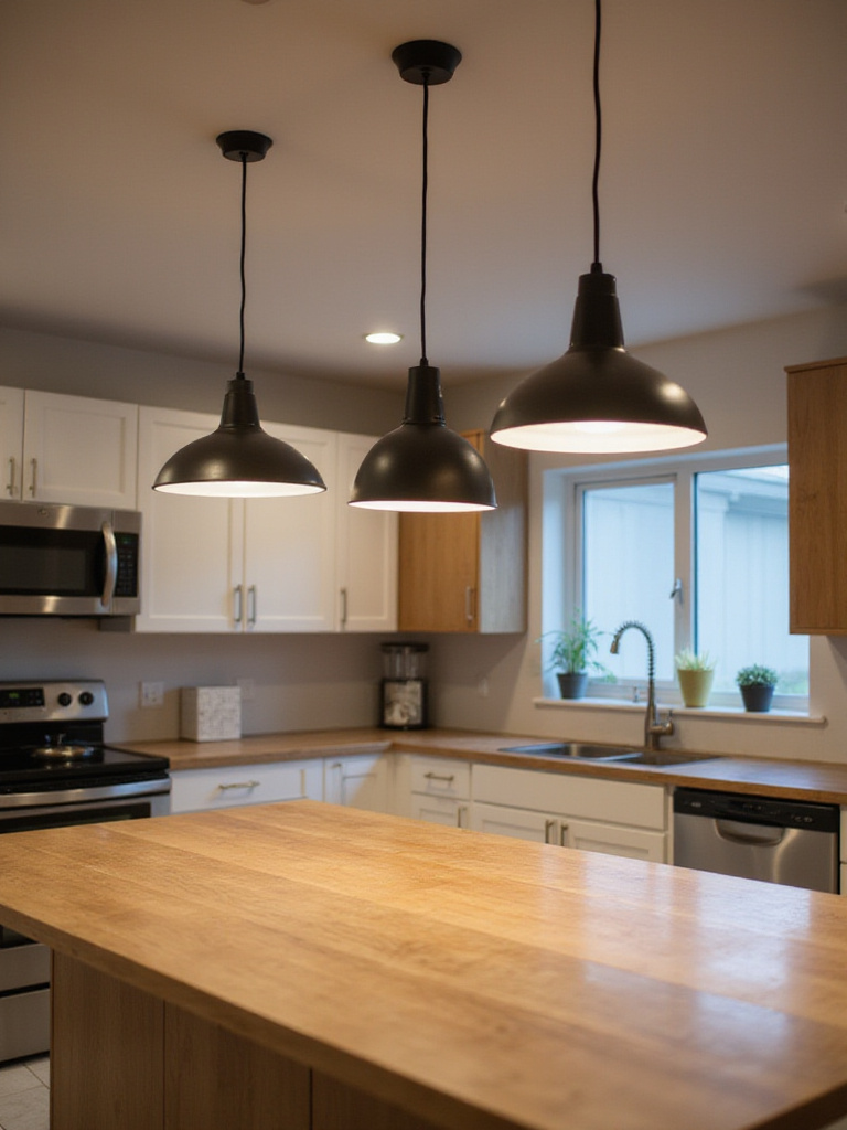 A modern kitchen island with pendant lights showing calculated spacing for even light distribution.