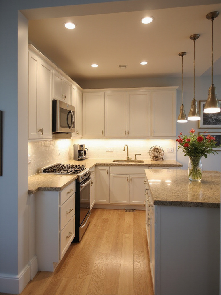 A brightly lit small kitchen showcasing layered lighting with ambient, task, and accent lights.