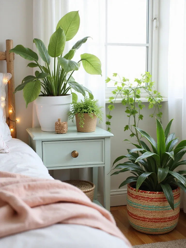 A cozy bedroom with low-maintenance indoor plants on a bedside table and in decorative pots.
