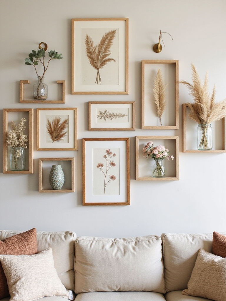 Boho living room wall decor featuring botanical art and dried florals