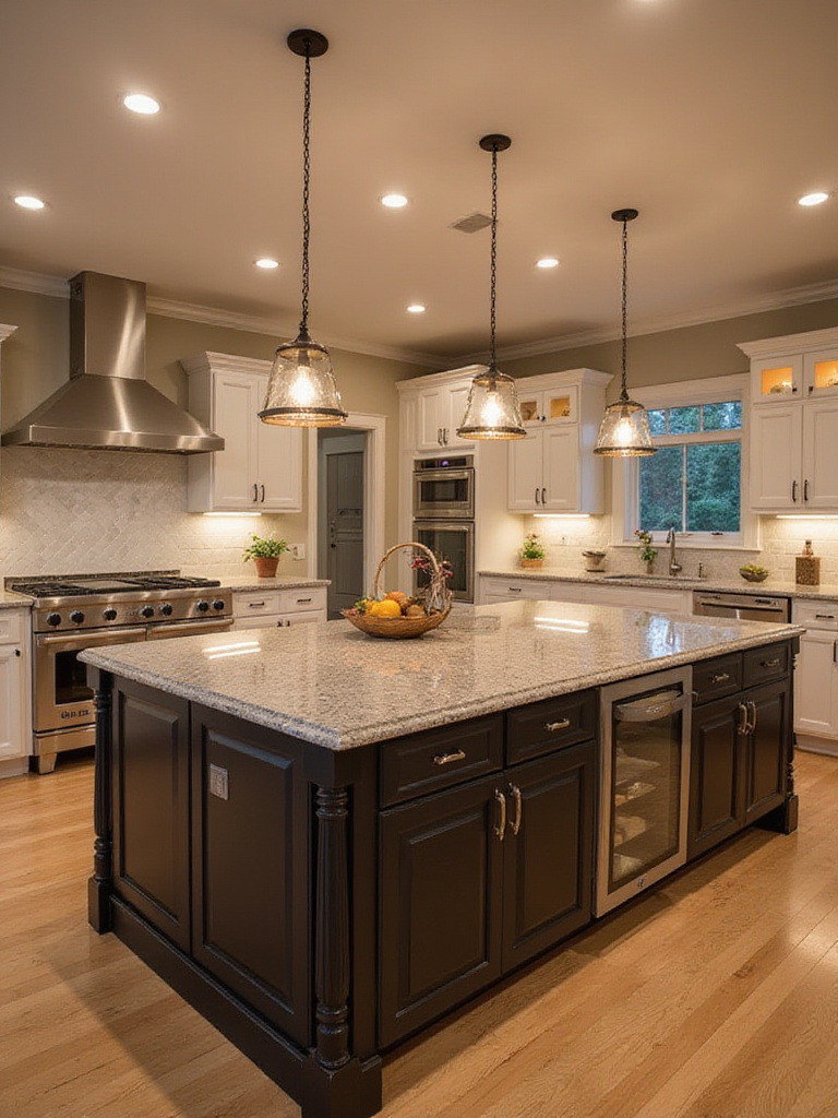 Kitchen island with combined pendant and recessed lighting for versatile illumination.