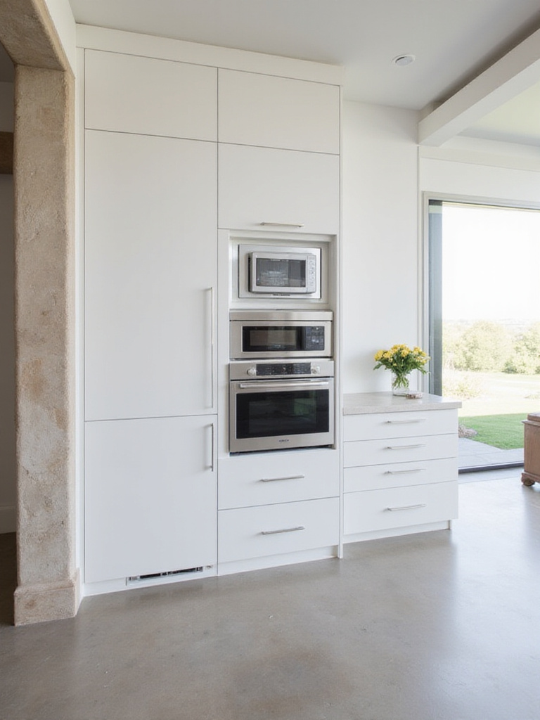 Modern kitchen with integrated appliances behind custom cabinetry.