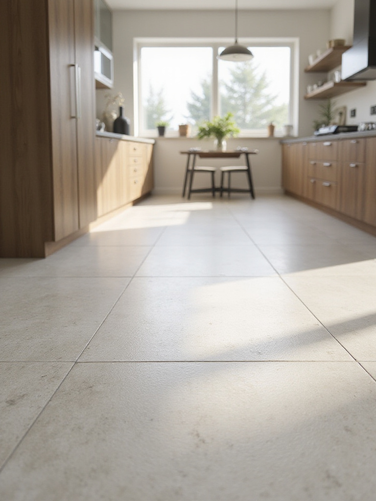 Modern kitchen with large-format tiles on the floor, showcasing a seamless design.