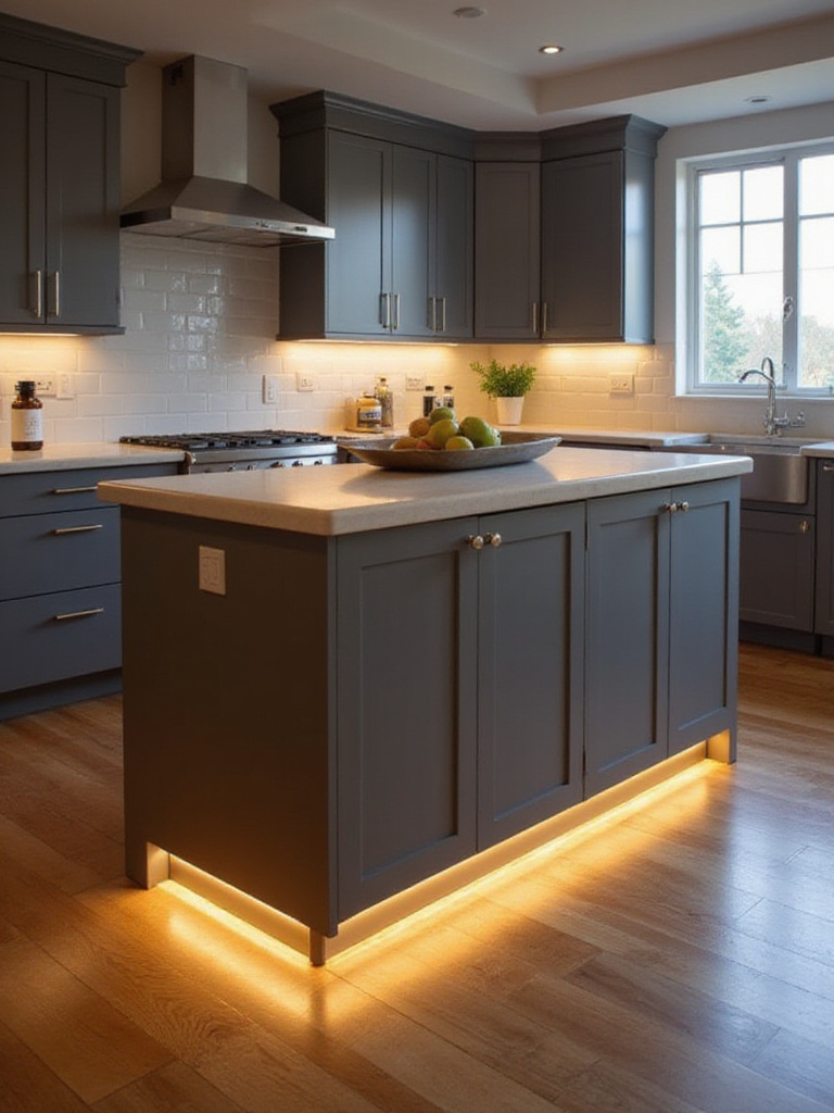 Modern kitchen island with dimmable LED strips providing warm accent lighting.