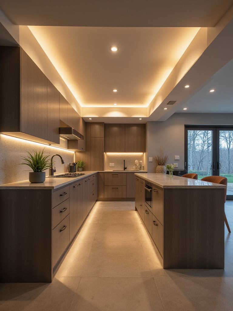 Modern kitchen with recessed can lights creating ambient light