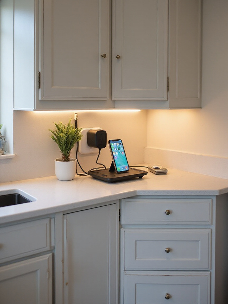 Modern kitchen with concealed charging station and minimalist design, no visible cables.