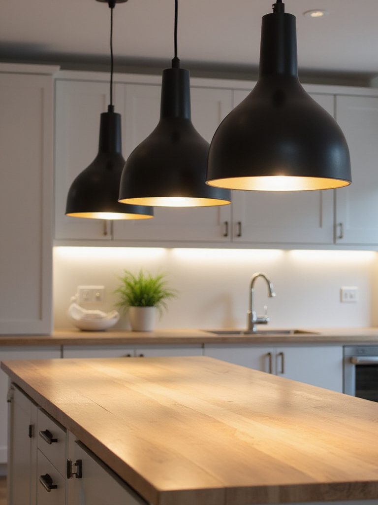 Modern kitchen island with coordinated lighting materials including matte black pendant lights and brushed nickel hardware