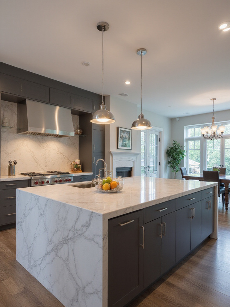 Modern kitchen island with proportionally sized pendant lighting fixtures