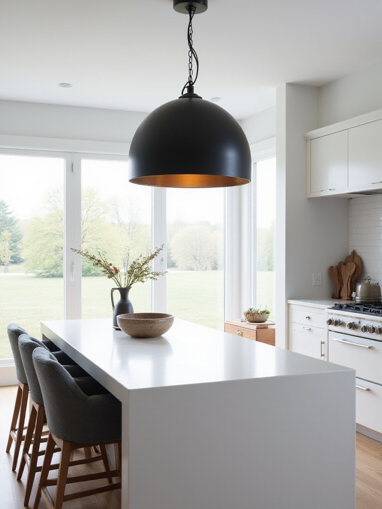 Modern kitchen featuring oversized pendant light over a large island with quartz top.