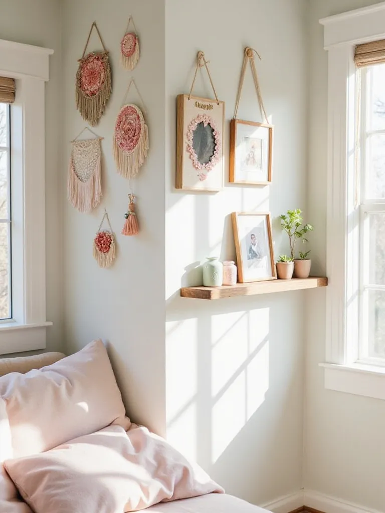 A cozy bedroom corner featuring DIY decor projects with pastel colors and personalized items.