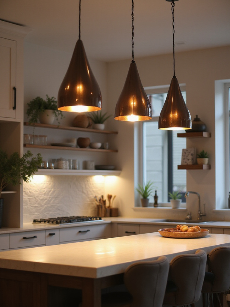 A beautifully lit kitchen island with multiple pendant lights providing even illumination.