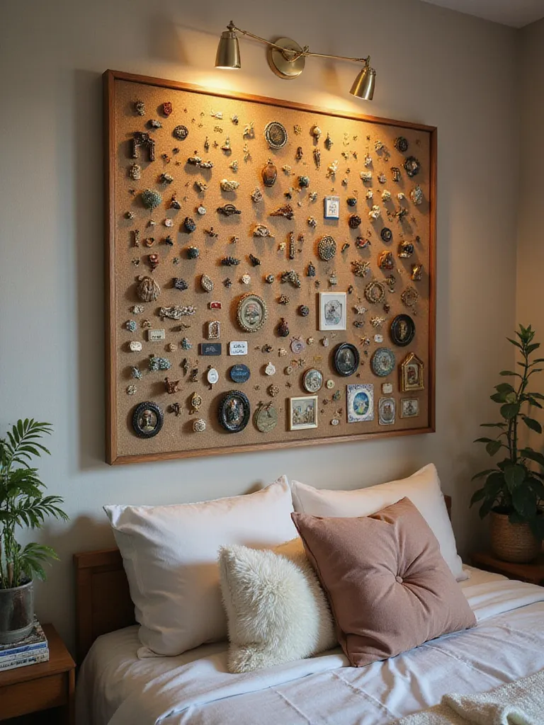 A functional display board in a cozy bedroom showcasing various collectibles.