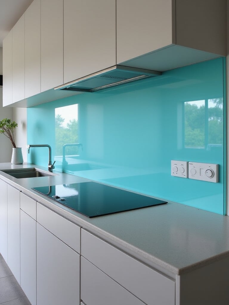 Contemporary kitchen with custom back-painted glass panels in teal