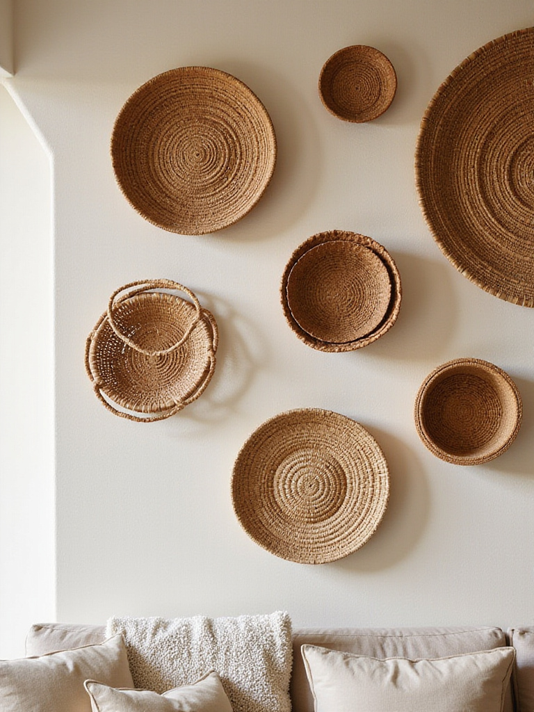 Bohemian living room wall decorated with woven basket collections showcasing various sizes and textures.