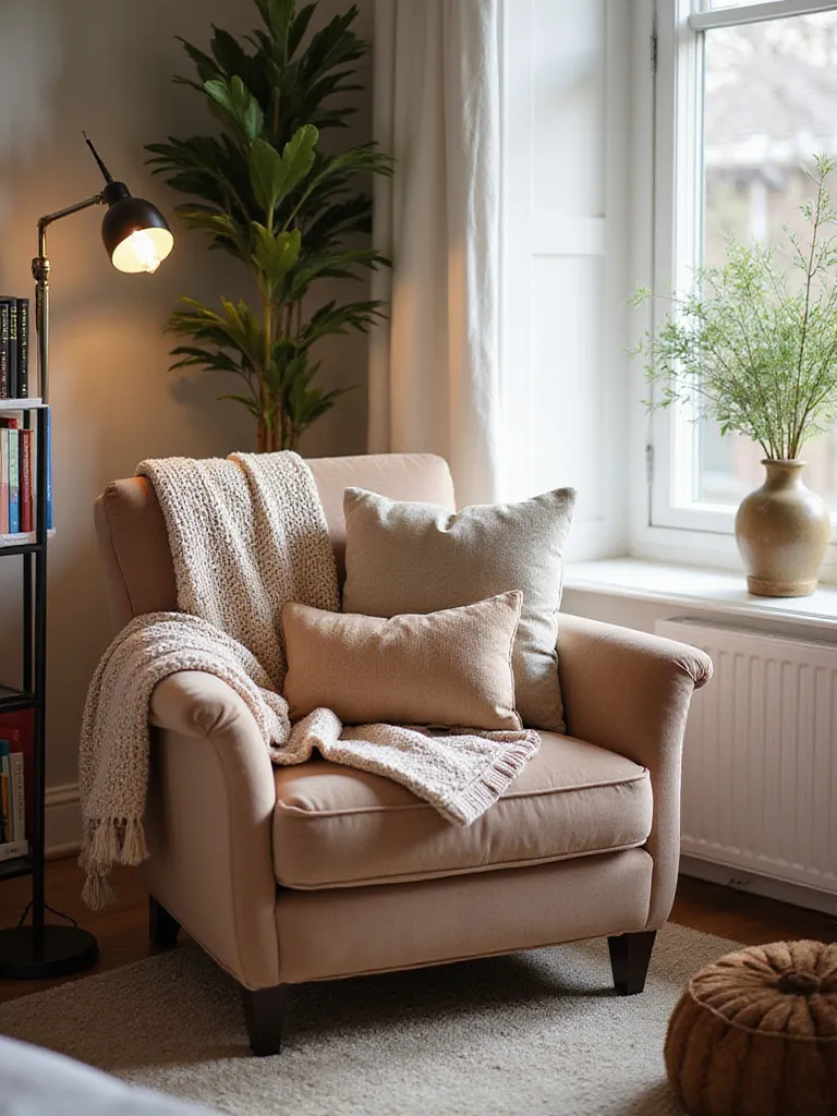 Cozy reading nook with plush seating and natural light
