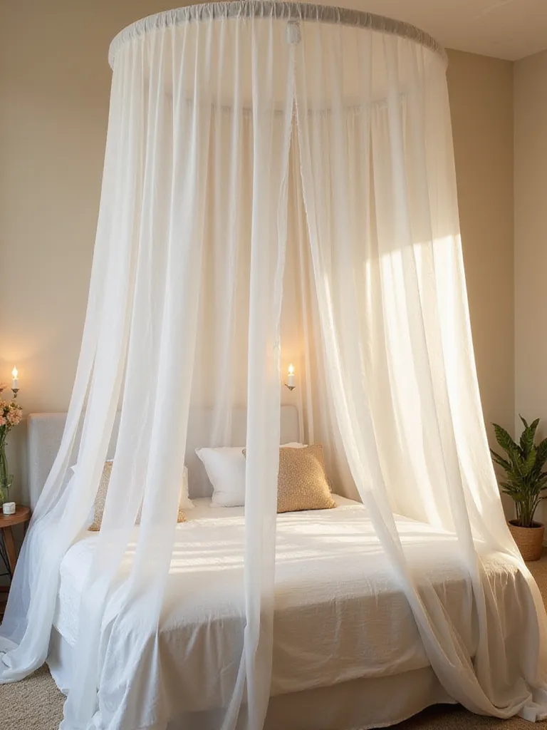 Cozy canopy bed with sheer white fabric in a softly lit bedroom