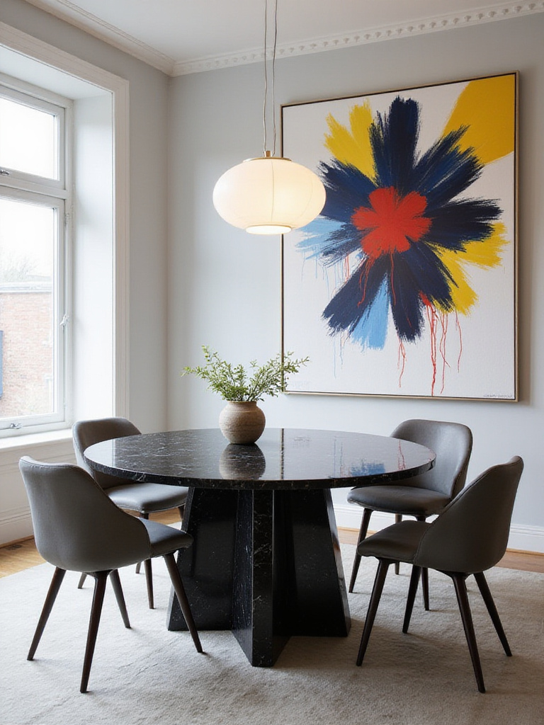 A contemporary dining room featuring bold, abstract art on the wall, with a black marble dining table and grey leather chairs.
