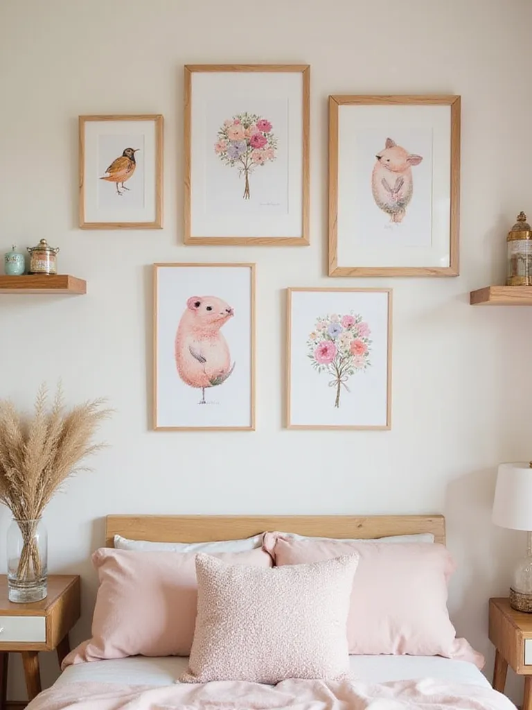A beautifully arranged gallery wall in a cozy bedroom showcasing adorable prints.