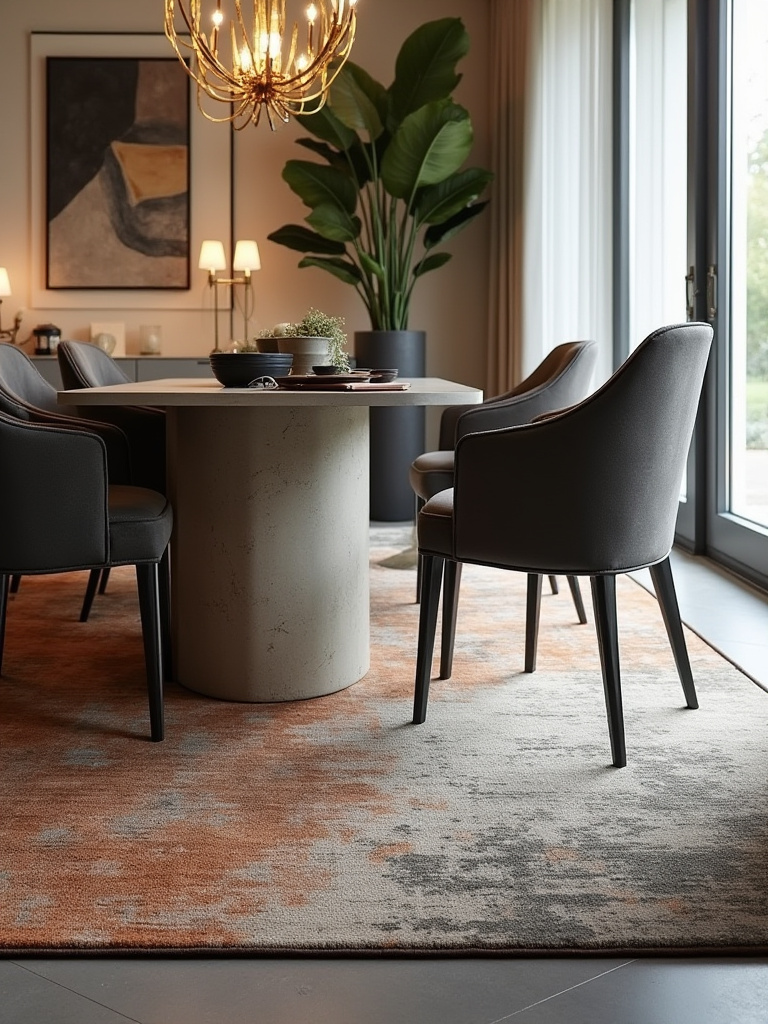Contemporary dining room with an anchoring area rug under a dining table