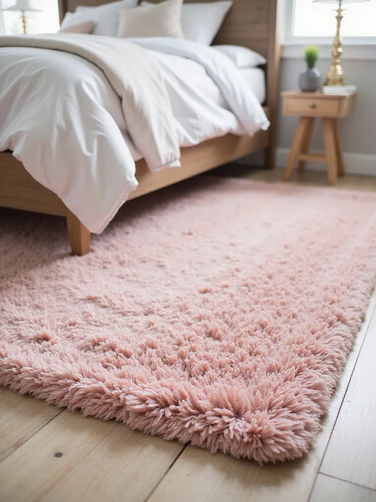 Cozy bedroom featuring a soft, inviting blush pink shag area rug under the bed.