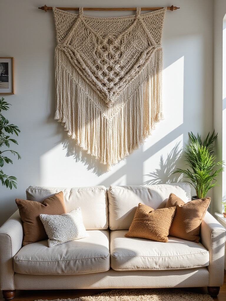 A cozy bohemian living room with a macrame wall hanging as a focal point above a sofa.