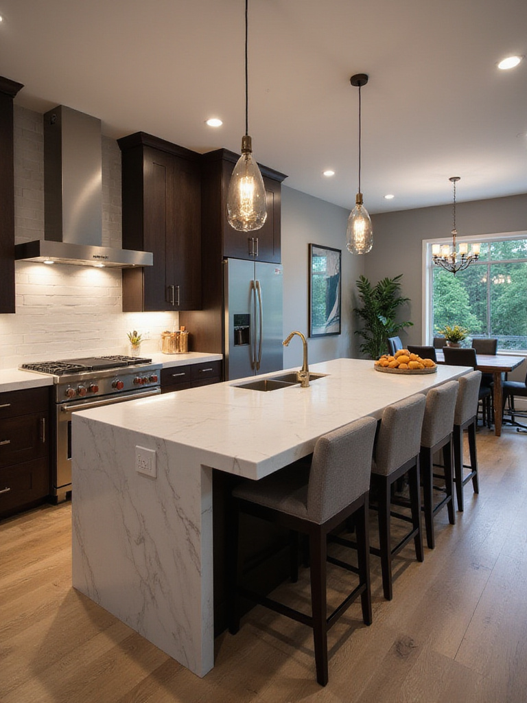 Modern kitchen with a multifunctional island designed for food prep and socializing