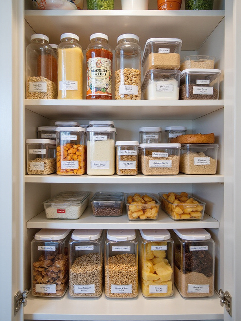 Organized pantry with designated zones for efficient meal preparation.
