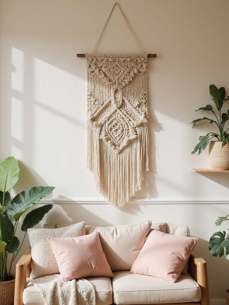 Large macrame wall hanging on a pastel wall in a boho living room setting