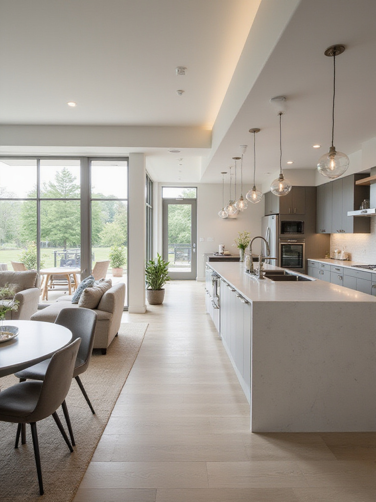 Open-concept kitchen layout showcasing seamless flow into dining and living areas.