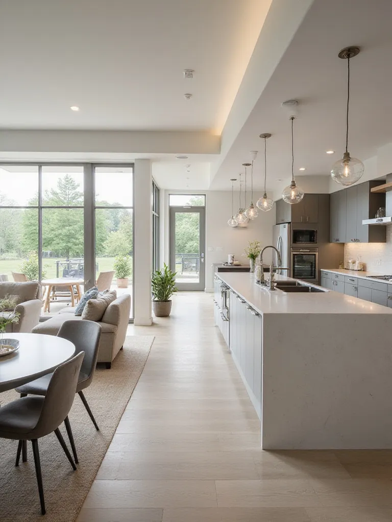 Open-concept kitchen layout showcasing seamless flow into dining and living areas.