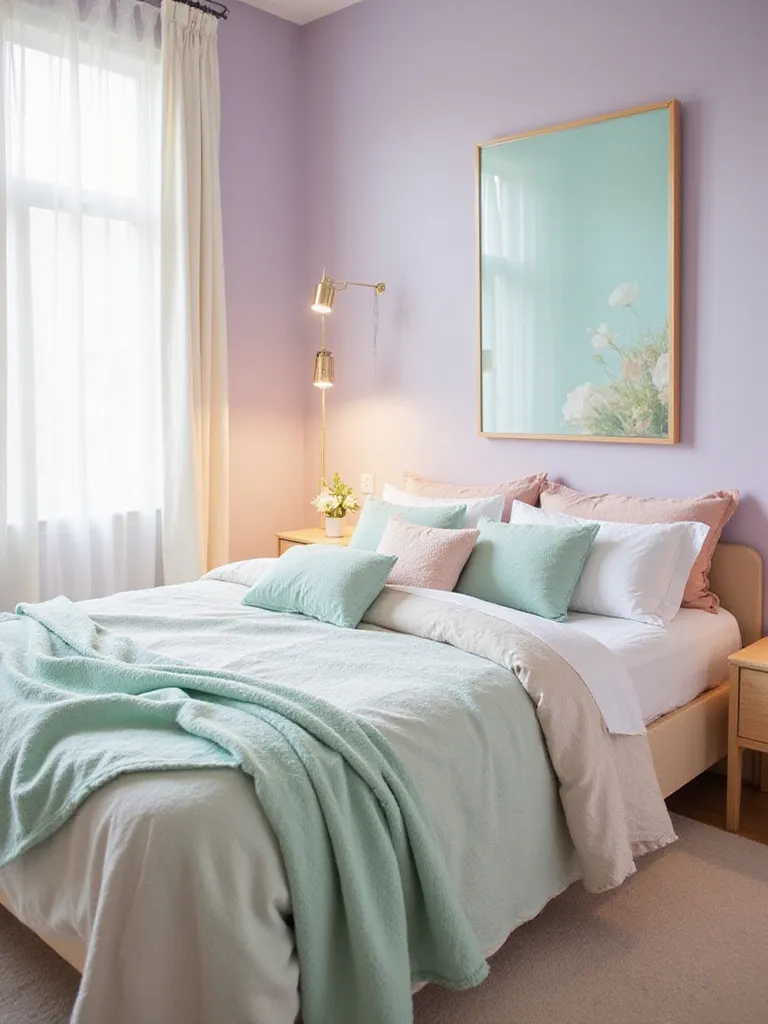 Serene bedroom with a dreamy pastel color scheme featuring lavender walls and mint green bedding.