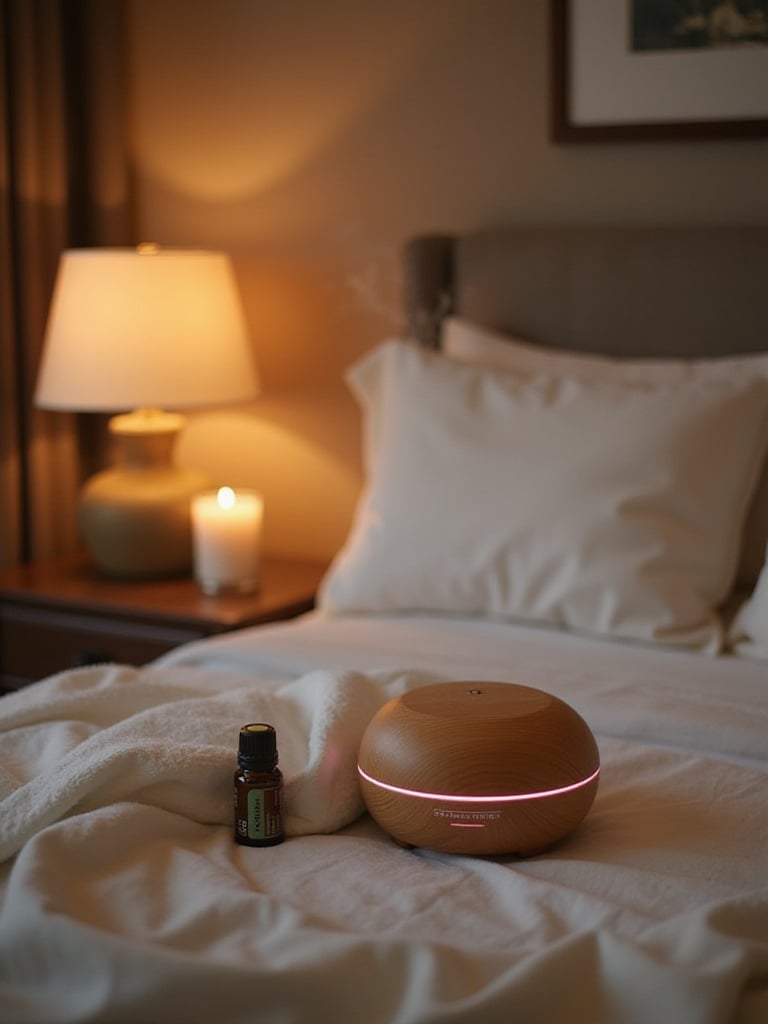A cozy bedroom with an essential oil diffuser and warm lighting, creating a soothing ambiance.