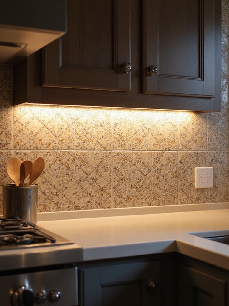 Modern kitchen with under-cabinet lighting illuminating a zellige tile backsplash.