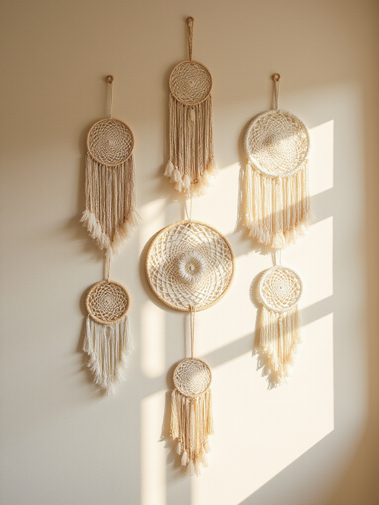 Cluster of hand-woven dreamcatchers on a beige wall, showcasing boho wall decor.