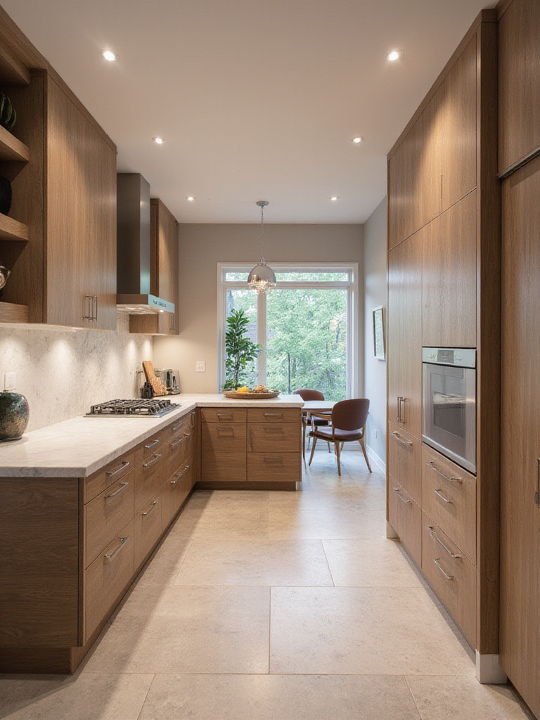 A beautifully designed modern kitchen featuring durable quartz countertops, solid wood cabinetry, and porcelain tile flooring.
