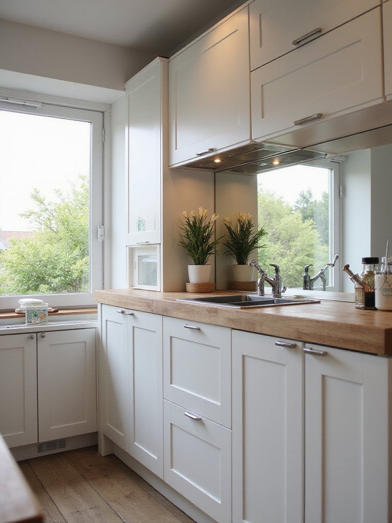 Modern kitchen with reflective mirror backsplash enhancing the space's depth and light