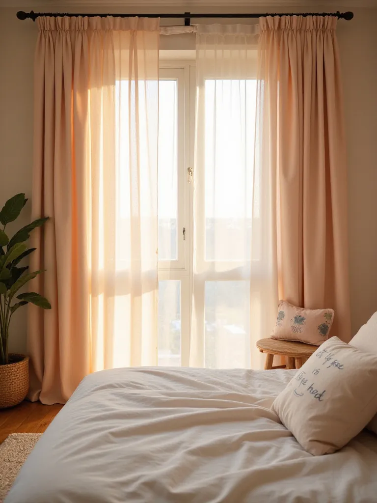 Cozy bedroom with soft pastel curtains framing a window, creating a warm and inviting atmosphere.