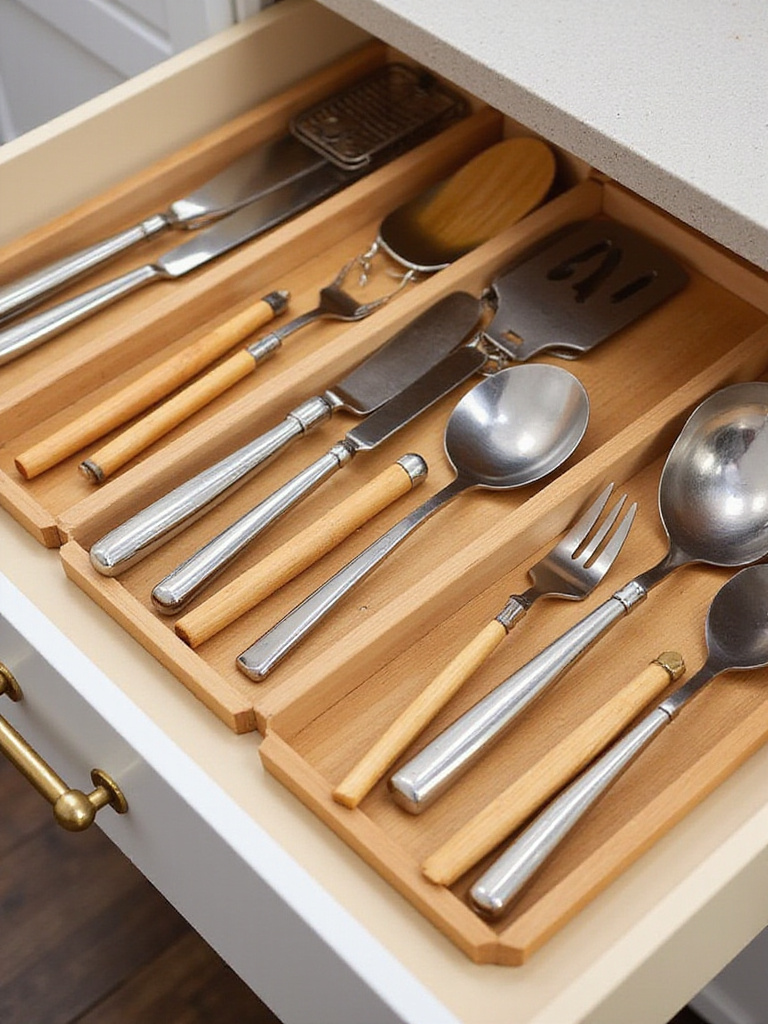 Neatly organized kitchen drawer with bamboo dividers separating various kitchen utensils.