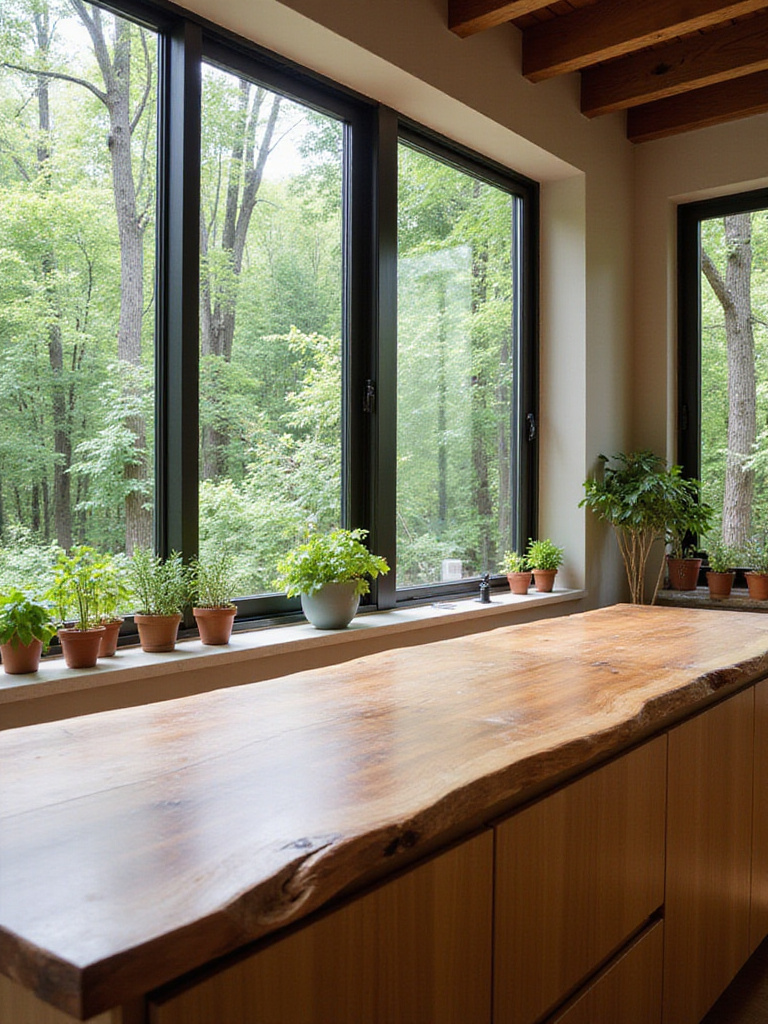 Modern kitchen with biophilic design featuring natural light and plants