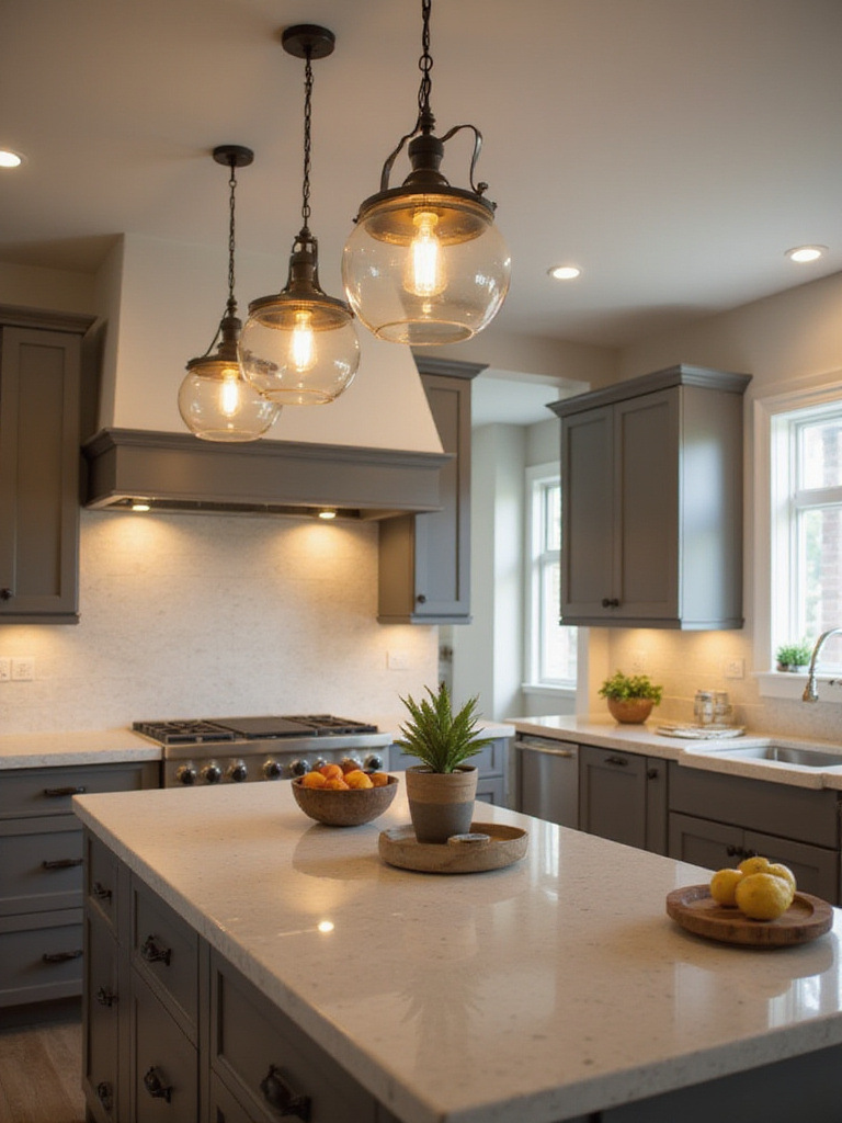 A modern kitchen with a semi-flush mount fixture above the island, showcasing elegant design and ample lighting.