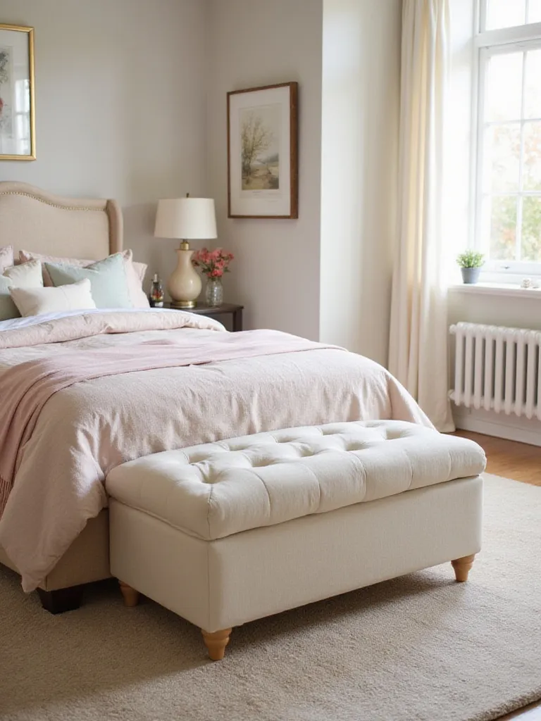 A charming storage ottoman at the foot of a beautifully styled bed in a cute bedroom.