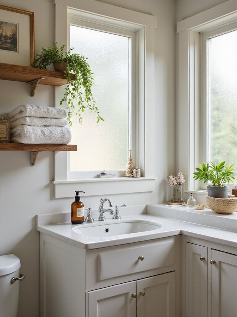 Small bathroom with open shelving displaying towels and decorative items.