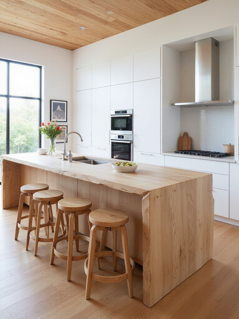 Modern kitchen with warm wood accents featuring a rift-sawn white oak island and sleek white cabinetry.