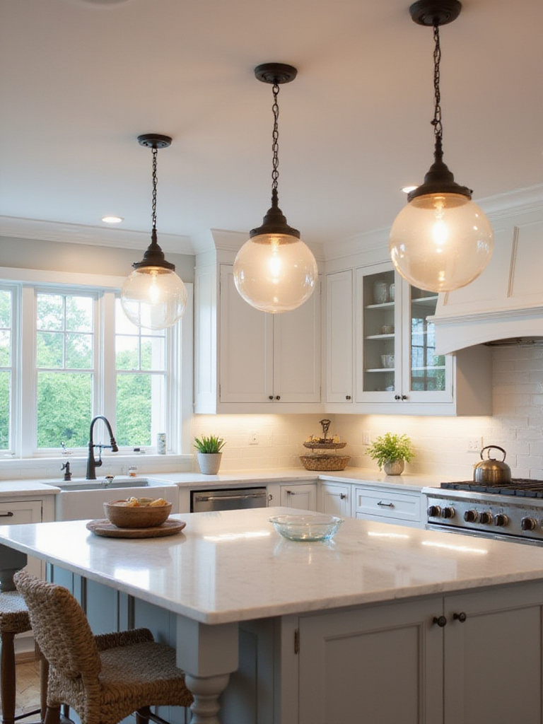 A stylish kitchen island with matching lighting fixtures complementing the decor.