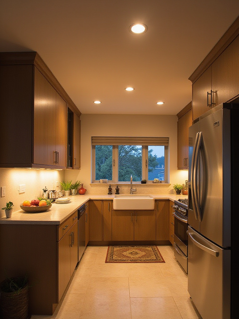 Modern kitchen featuring layered lighting with recessed, task, and accent lights.