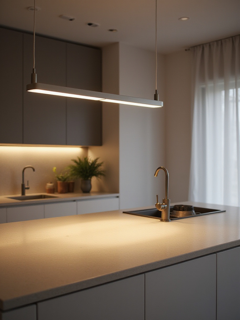 Modern kitchen with a linear pendant light bar over the island, showcasing warm lighting and a sleek design.