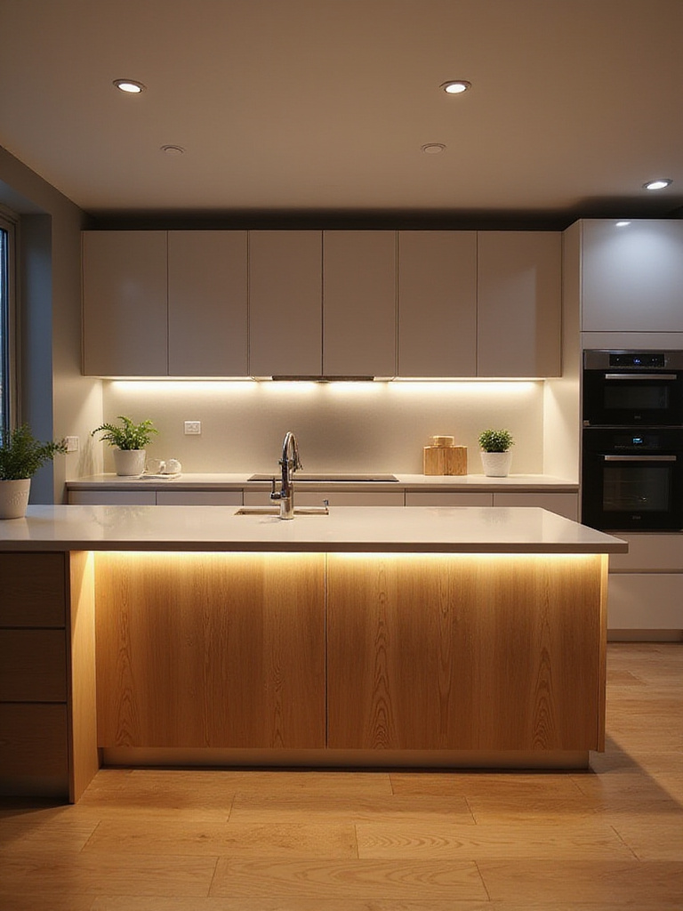 Kitchen island illuminated with tunable white LED lights showcasing adjustable color temperatures.